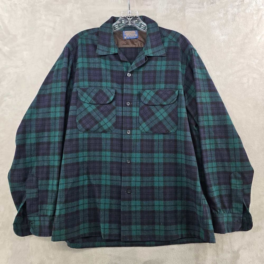 Vtg Pendleton Loop Collar Board Shirt Medium Green Plaid Virgin Wool Flannel